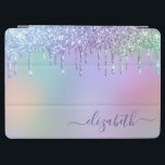Rainbow Glitter Drift op maat iPad Air Cover<br><div class="desc">Kute girale bedekking met een regenboog van roze,  paarse,  blauwe en groene faux die glitter onderaan een paarse,  roze,  blauwe,  groene en gele achtergrond druppelt. Personaliseer met jouw naam in een stijlvol trendy paars manuscript met swashes.</div>