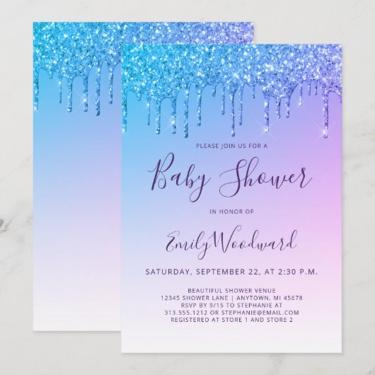 Rainbow Glitter Drip Baby shower Invitation (Voorkant / Achterkant)