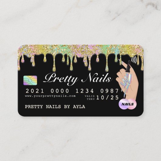 Rainbow Glitter Drip Holographic Nail Tech Credit  Visitekaartje (Voorkant)