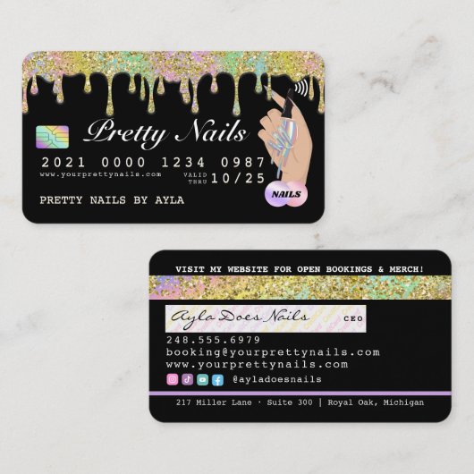 Rainbow Glitter Drip Holographic Nail Tech Credit  Visitekaartje (Voorkant / Achterkant)