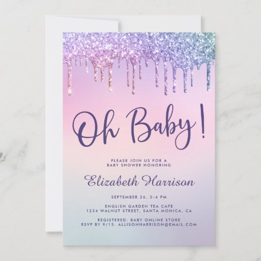 Rainbow Glitter Drip Roze Baby shower Kaart (Voorkant)