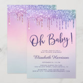 Rainbow Glitter Drip Roze Baby shower Kaart (Voorkant / Achterkant)