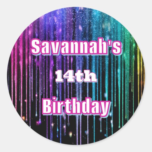 Rainbow Glitter Drip verjaardagsfeestje Ronde Sticker (Voorkant)