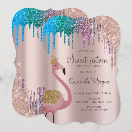 Rainbow Glitter Drips Flamingos Sweet 16 Birthday Kaart (Voorkant / Achterkant)