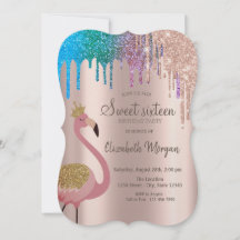 Rainbow Glitter Drips Flamingos Sweet 16 Birthday