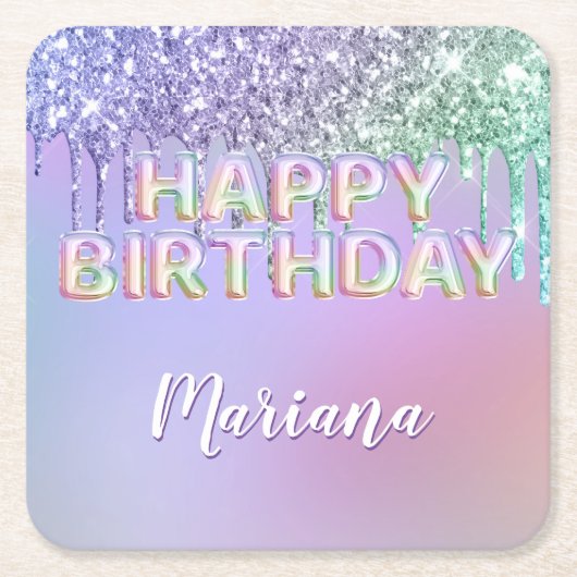 Rainbow Glitter Drips Meisje Verjaardagsfeest Kartonnen Onderzetters (Voorkant)