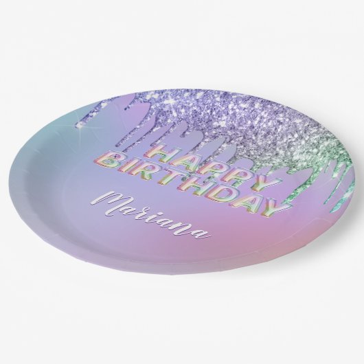 Rainbow Glitter Drips Meisje Verjaardagsfeest Papieren Bordje (Gekanteld)