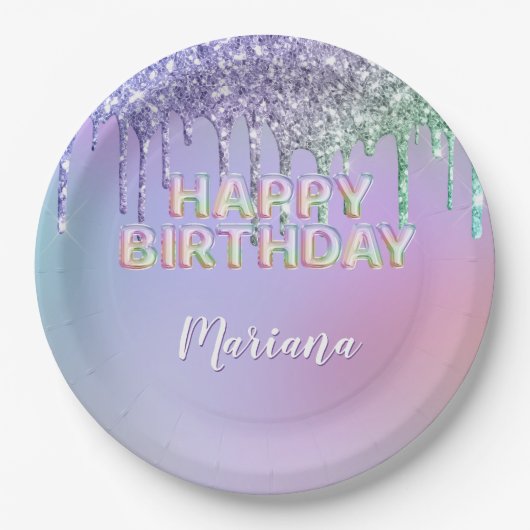 Rainbow Glitter Drips Meisje Verjaardagsfeest Papieren Bordje (Voorkant)