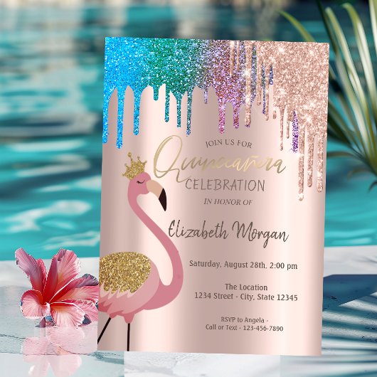 Rainbow Glitter druist roze flamingos Quinceañera Kaart