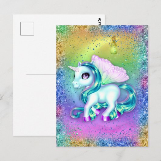 Rainbow Glitter en Moon Unicorn Briefkaart (Voorkant / Achterkant)
