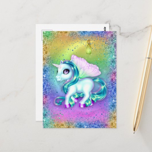 Rainbow Glitter en Moon Unicorn Briefkaart (Voorkant / Achterkant in situ)