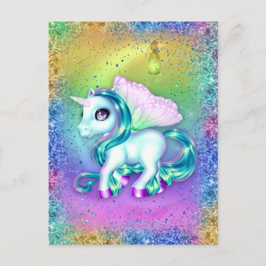 Rainbow Glitter en Moon Unicorn Briefkaart (Voorkant)