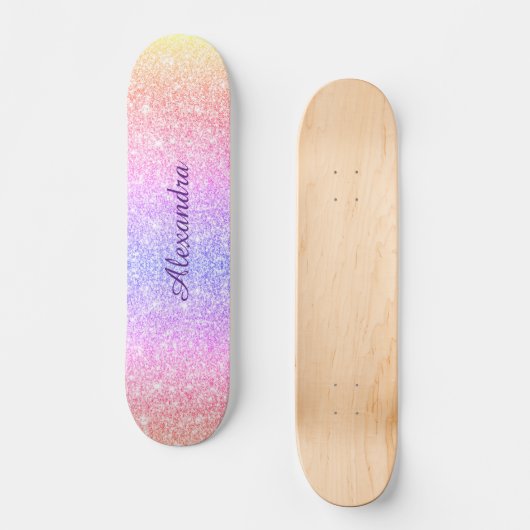 Rainbow Glitter Girly Sparkle Custom Gepersonalise Persoonlijk Skateboard (Voorkant)