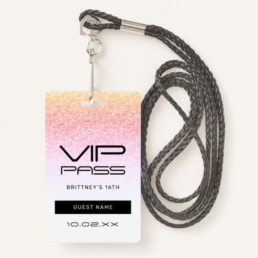 Rainbow Glitter Glam VIP Pass 16e uitnodiging Badge (Voorkant met draagriem)