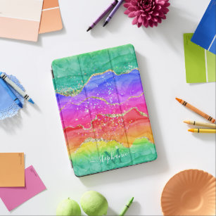 Rainbow Glitter Gold Agate Monogram iPad Air Cover