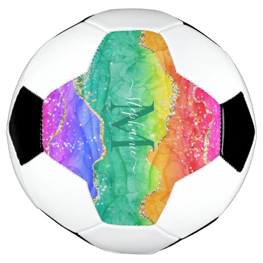 Rainbow Glitter Gold Agate Monogram Voetbal (Gedraaid)