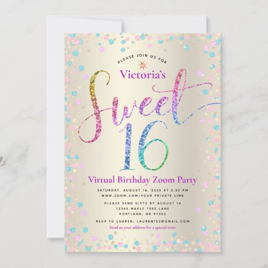 Rainbow Glitter Gold Virtual Sweet 16 Birthday Kaart (Voorkant)