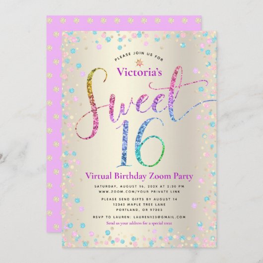Rainbow Glitter Gold Virtual Sweet 16 Birthday Kaart (Voorkant / Achterkant)