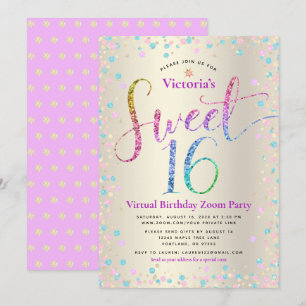 Rainbow Glitter Gold Virtual Sweet 16 Birthday Kaart