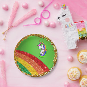 Rainbow Glitter Green Unicorn Party Paper Borden Papieren Bordje