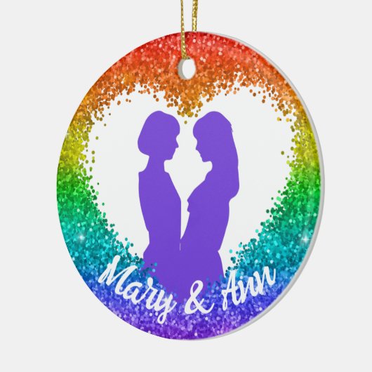 Rainbow Glitter Heart LGBT Lesbian Kerstmis Names Keramisch Ornament (Links)