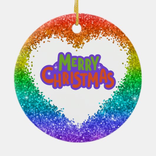 Rainbow Glitter Heart LGBT Lesbian Kerstmis Names Keramisch Ornament (Achterkant)