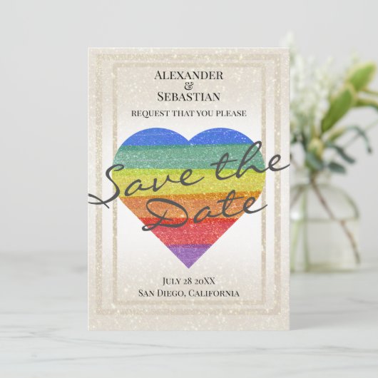 Rainbow Glitter Heart Save the Date Custom Names Kaart (Staand voorkant)