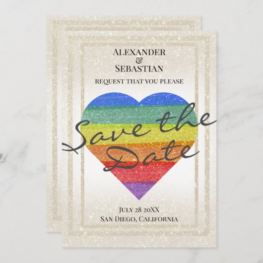 Rainbow Glitter Heart Save the Date Custom Names Kaart (Voorkant / Achterkant)