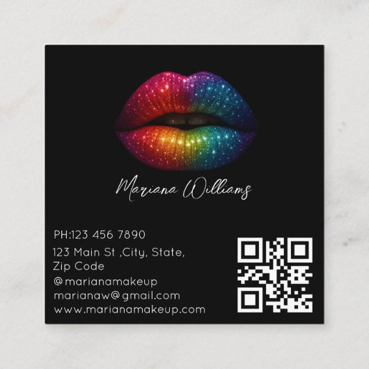 Rainbow Glitter Lips Make-up Artiest QR Code Zwart Vierkante Visitekaartje (Achterkant)