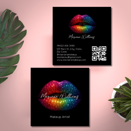Rainbow Glitter Lips Make-up Artiest QR Code Zwart Vierkante Visitekaartje