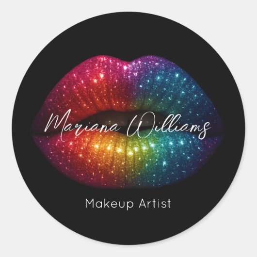 Rainbow Glitter Lips Make-up Artiest Zwart Bedrijf Ronde Sticker (Voorkant)