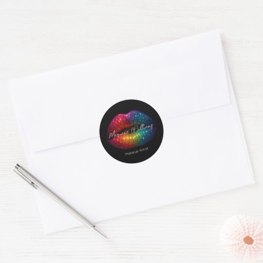 Rainbow Glitter Lips Make-up Artiest Zwart Bedrijf Ronde Sticker (Envelop)