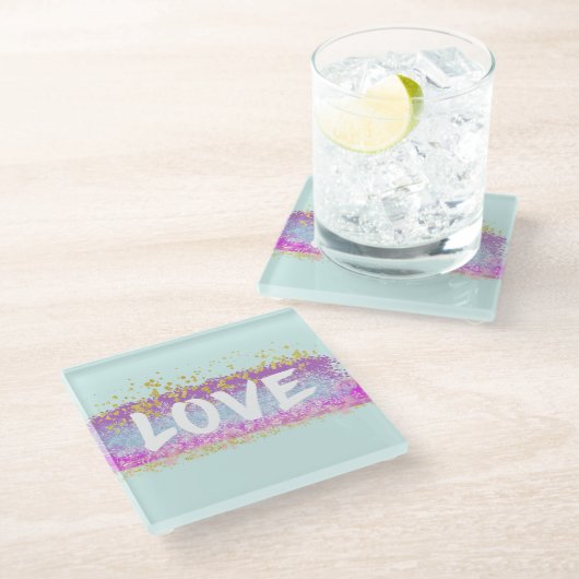 Rainbow Glitter Love Script Onderzetter Glazen Onderzetter (Schuin)