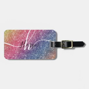 Rainbow Glitter Monogram Naam Bagagelabel