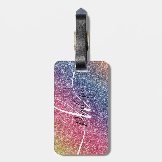 Rainbow Glitter Monogram Naam Bagagelabel (Achterkant verticaal)