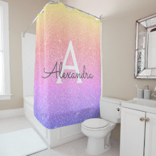 Rainbow Glitter Monogram Naam Bathroom Douchegordijn