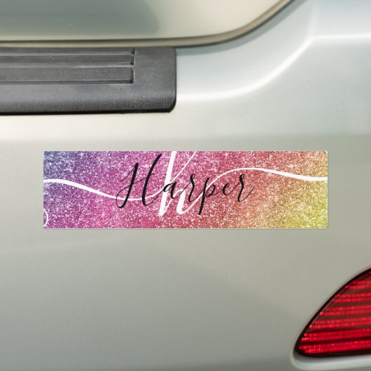 Rainbow Glitter Monogram Naam Bumpersticker (Op auto)