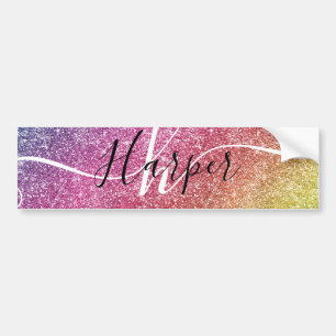Rainbow Glitter Monogram Naam Bumpersticker