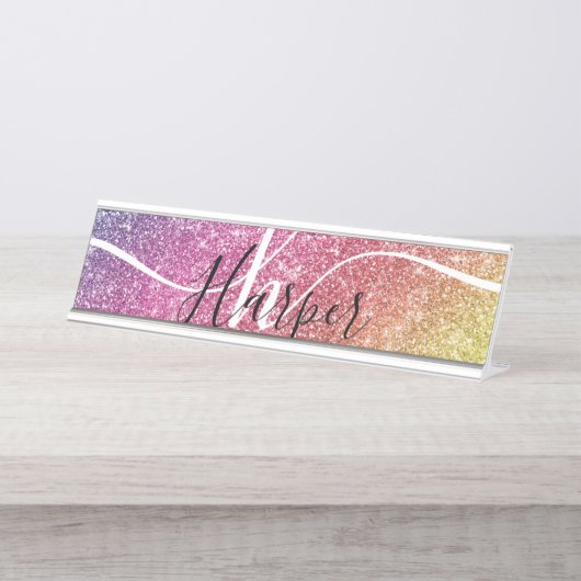 Rainbow Glitter Monogram Naam Bureau Naambordje (Voorkant)