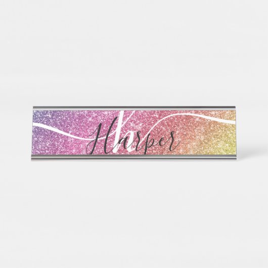 Rainbow Glitter Monogram Naam Bureau Naambordje (Voorkant)