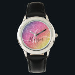Rainbow Glitter Monogram Naam Horloge<br><div class="desc">Voeg een splash of color toe aan uw horloge met glitter-regenboog met monogram en scriptnaam. Personaliseer met jouw naam, monogram, initiaal of tekst. U kunt tekstkleur en doopvontstijl veranderen gebruikend het aanpassen verdere optie. Let op: glitter is een afgedrukt effect en geen fysieke glitterstukken. Neem contact met mij op voor...</div>