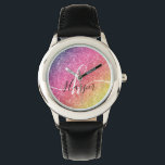 Rainbow Glitter Monogram Naam Horloge<br><div class="desc">Voeg een splash of color toe aan uw horloge met glitter-regenboog met monogram en scriptnaam. Personaliseer met jouw naam, monogram, initiaal of tekst. U kunt tekstkleur en doopvontstijl veranderen gebruikend het aanpassen verdere optie. Let op: glitter is een afgedrukt effect en geen fysieke glitterstukken. Neem contact met mij op voor...</div>
