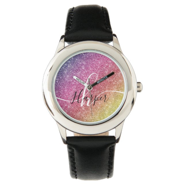 Rainbow Glitter Monogram Naam Horloge (Voorkant)