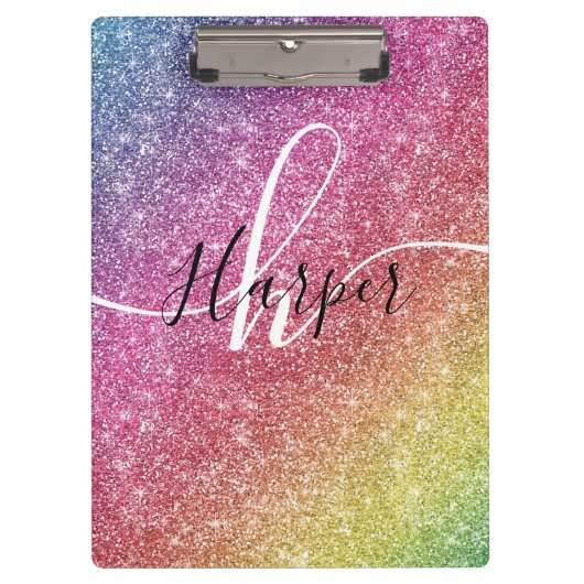 Rainbow Glitter Monogram Naam Klembord (Voorkant)