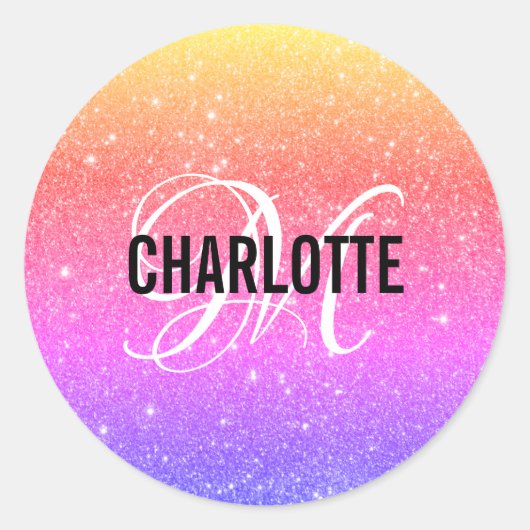 Rainbow Glitter Monogram Naam Ronde Sticker (Voorkant)