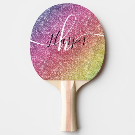 Rainbow Glitter Monogram Naam Tafeltennisbatje (Voorkant)