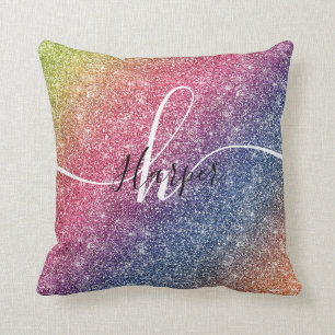 Rainbow Glitter Monogram Naam Throw Cushion Kussen
