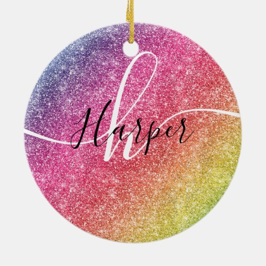 Rainbow Glitter Monogram Name Ceramic Ornament (Achterkant)