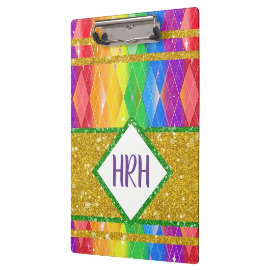Rainbow Glitter Monogram Pride Argyle Diamond Klembord (Links)