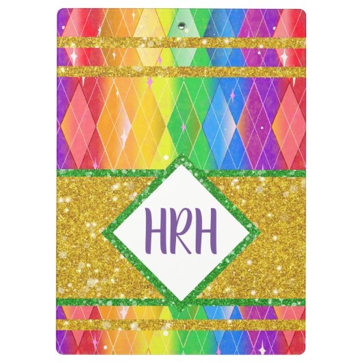 Rainbow Glitter Monogram Pride Argyle Diamond Klembord (Achterkant)